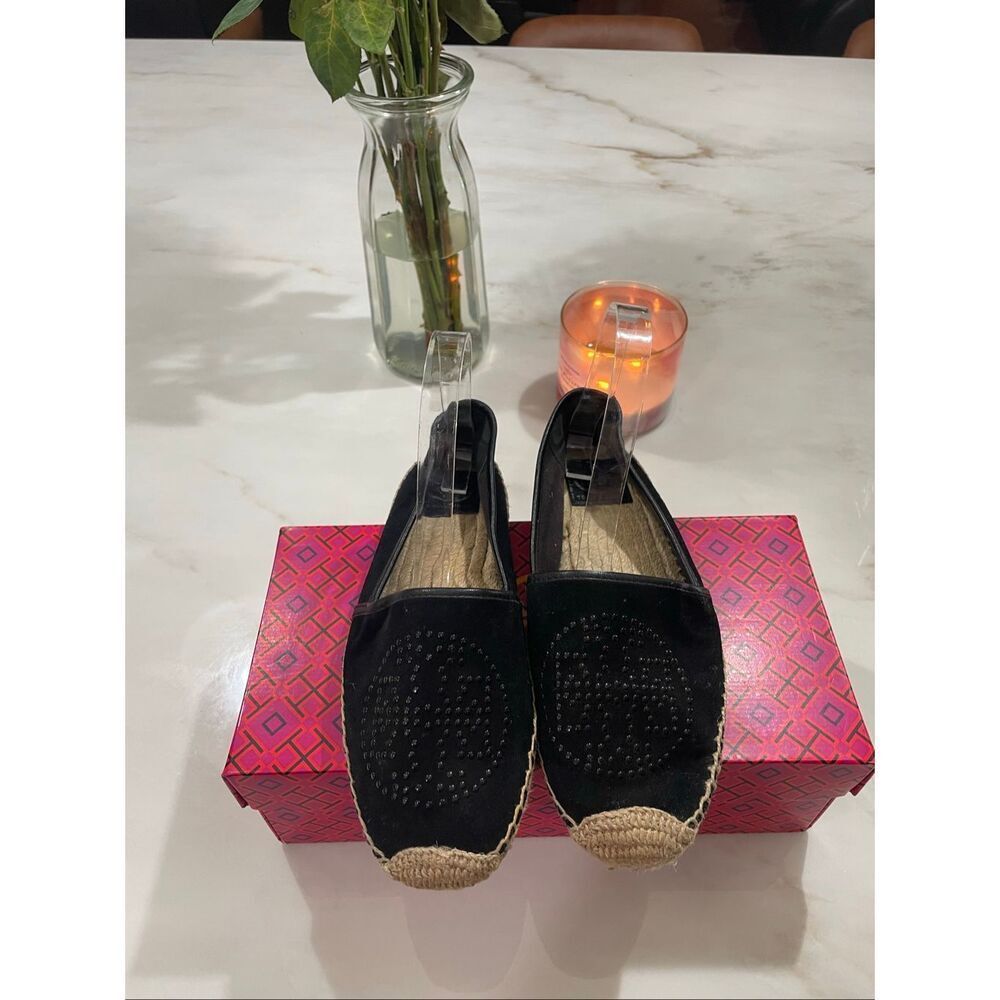 Tory Burch Kirby suede espadrille flats featuring a mini stud logo design in bla